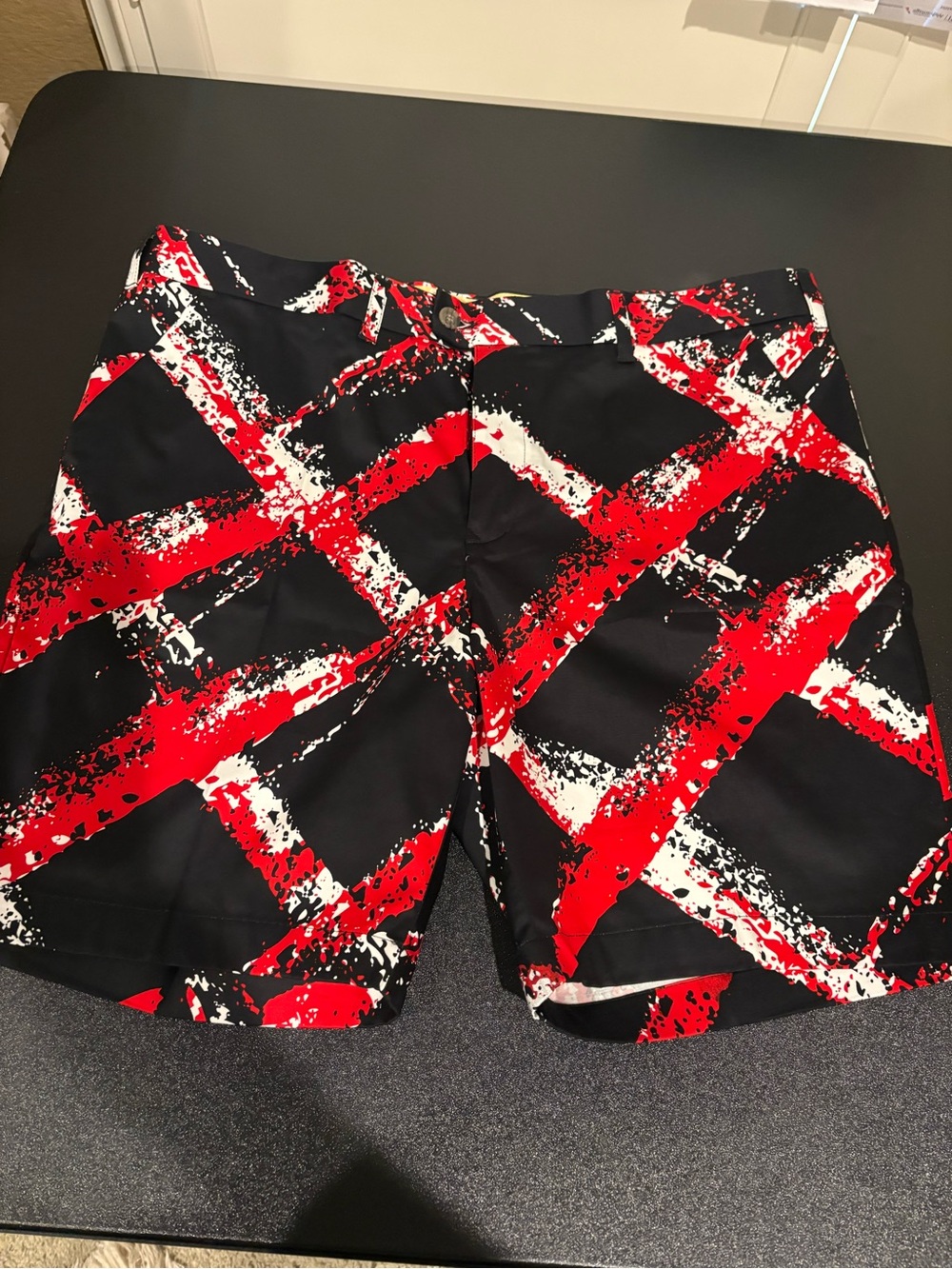 Nwot Loudmouth Golf men’s Flat Front Swim Shorts in Black w Red & White Graphic